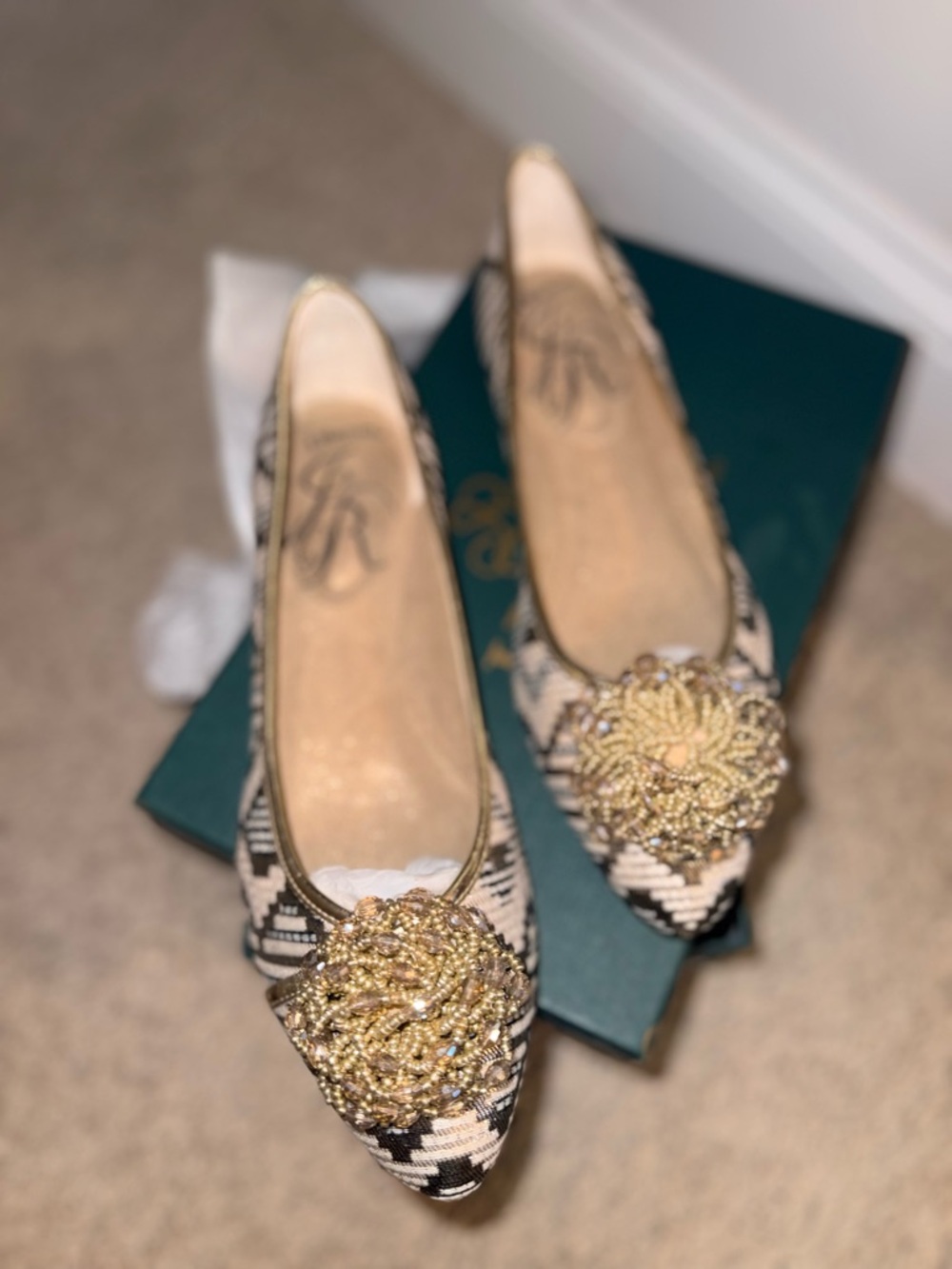 J.Renee Black & Cream Pointed Toe Flats with Gold Floral Beading
